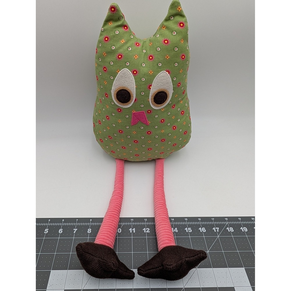 Pottery Barn Kids Plush Owl Green Floral‎ Long Pink Corduroy Legs 2012 Stuffed